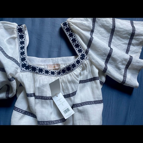 NWT Tory Burch Embroidered Midi Dress, Linen Blend, Ivory & Navy, Size M - Picture 7 of 11